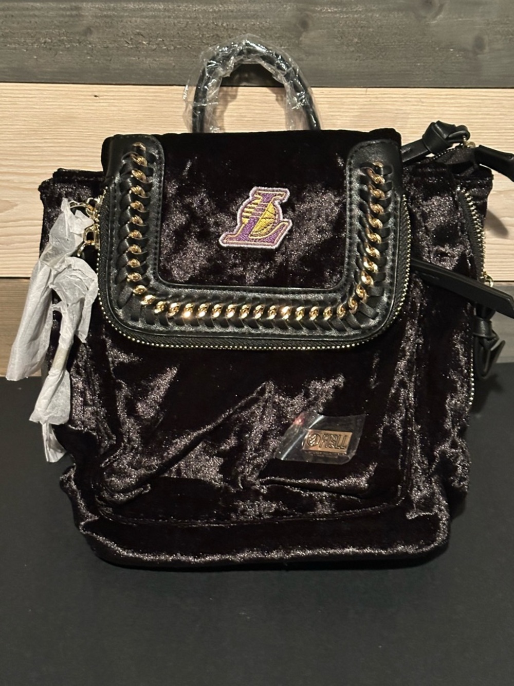 NBA Velvet Black Backpack with Gold Chain and Lakers Patch